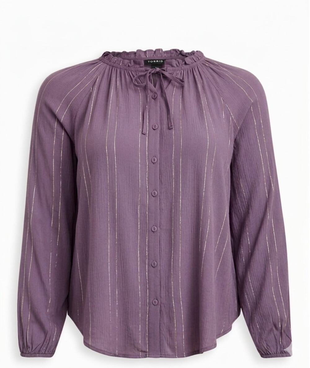 Torrid 3 Women 3x Dusty Lavender Purple Metallic Stripes Lurex Peasant Blouse